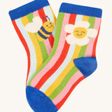 Frugi Little Socks 3 Pack - Retro Happy. A courful stripe pair of socks with a bee and flower print