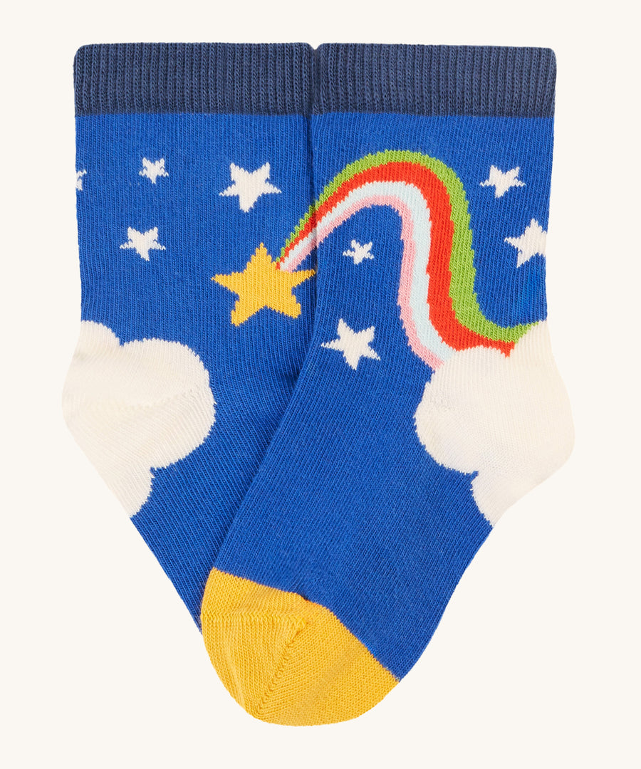 Frugi Little Socks 3 Pack - Retro Happy. A blue pair of socks with cloud, shooting star and star print