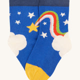 Frugi Little Socks 3 Pack - Retro Happy. A blue pair of socks with cloud, shooting star and star print