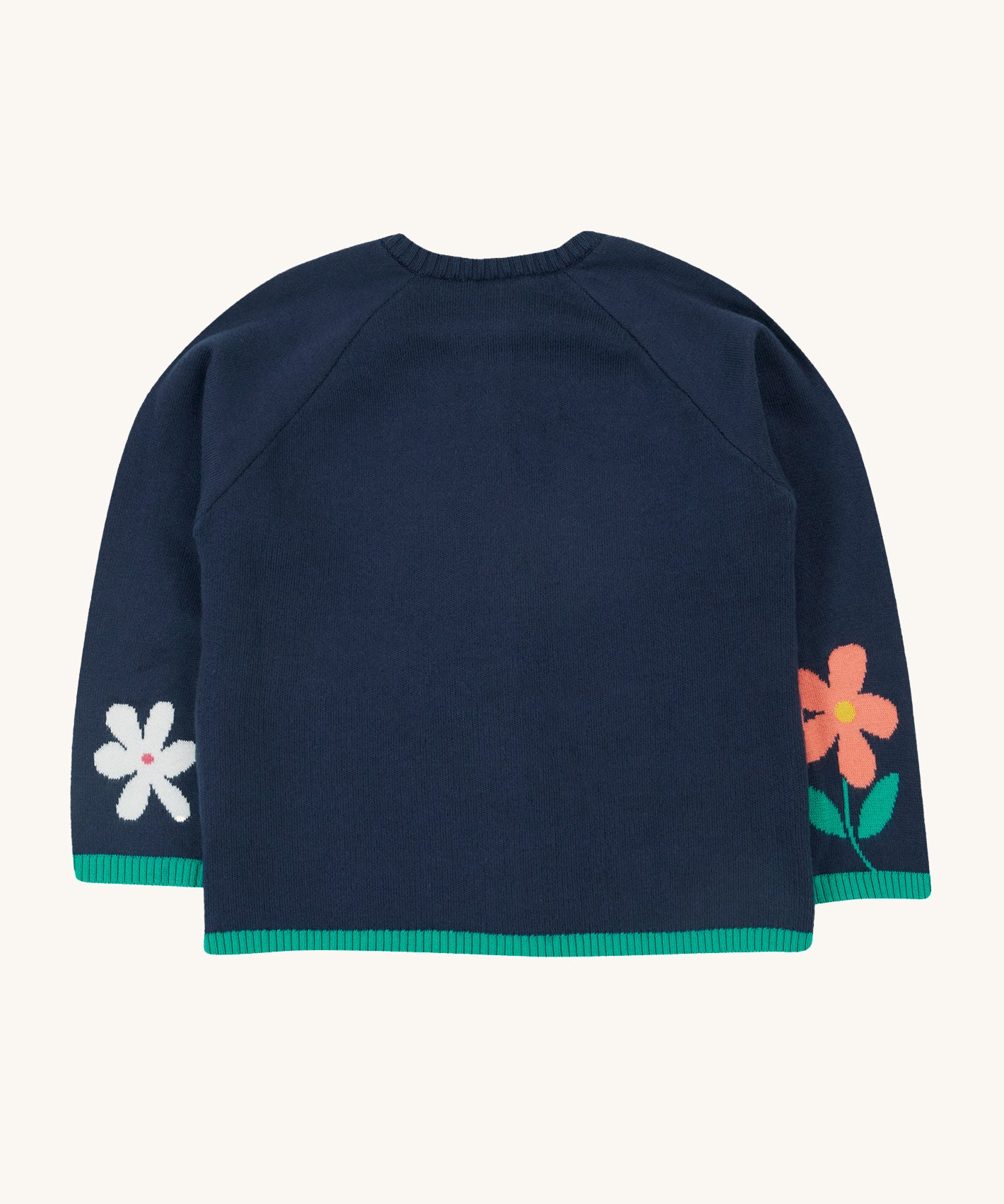 The back of the Frugi Reva Knitted Cardigan - Navy Blue/Cat, showing the flower design on the bottom of the sleeves