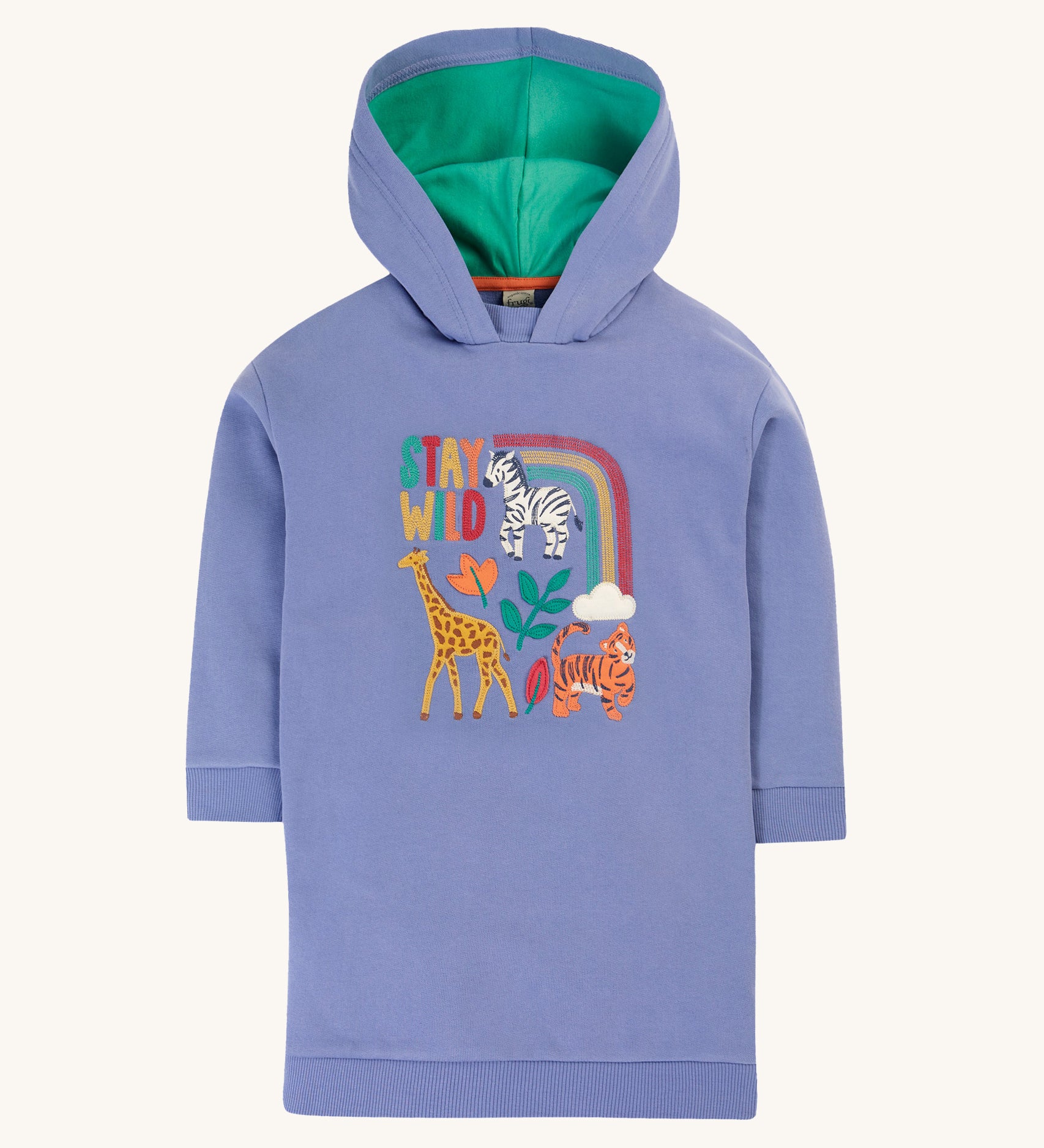 Frugi Ria Hoodie Dress - Grape/Stay Wild. A beautiful, grape/lilac colour, hooded and long sleeve dress, with an applique giraffe, tiger and zebra with the words "Stay Wild" and a rainbow above them. The hood is also lined in a light green fabric.