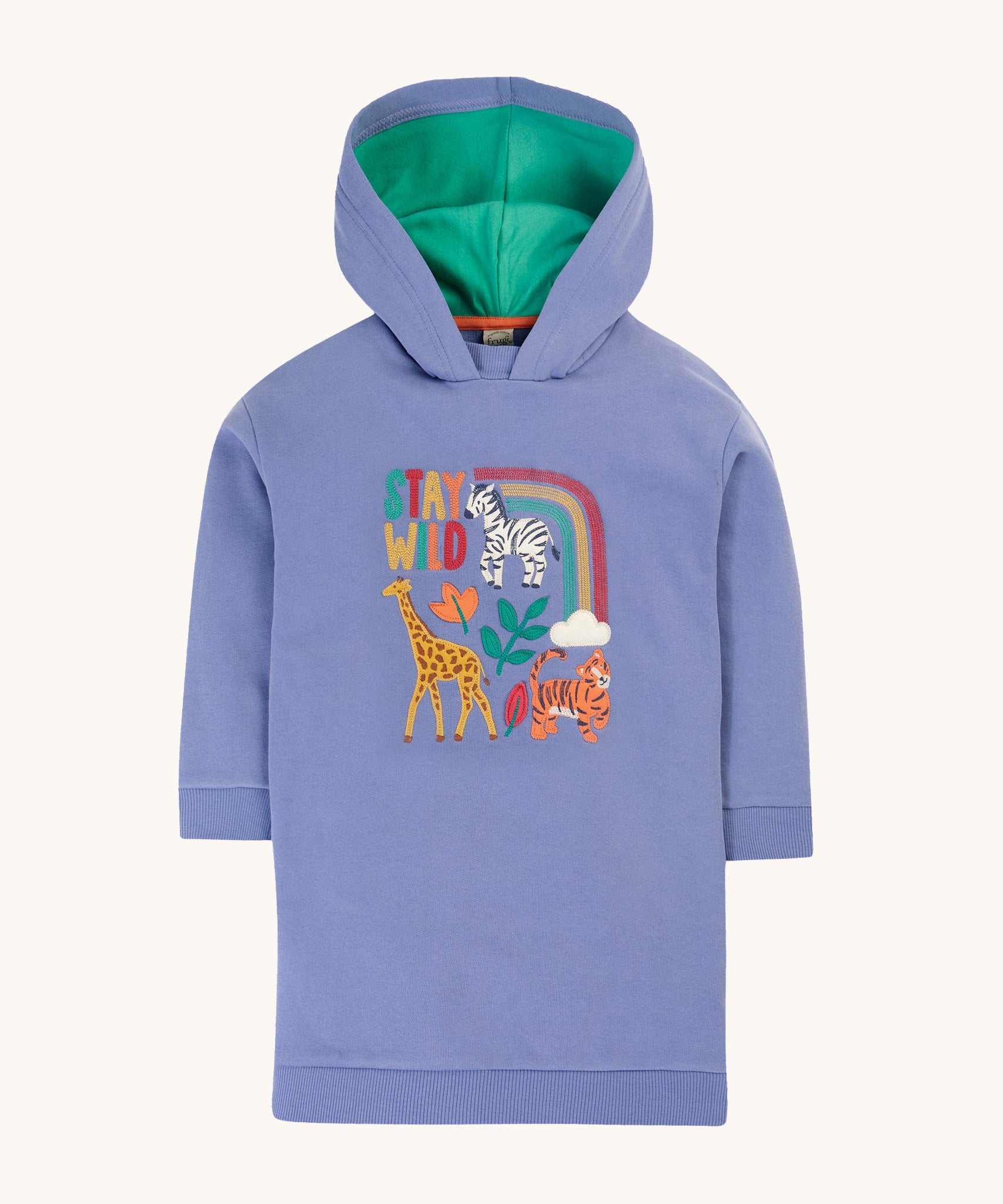 Frugi Ria Hoodie Dress - Grape/Stay Wild. A beautiful, grape/lilac colour, hooded and long sleeve dress, with an applique giraffe, tiger and zebra with the words "Stay Wild" and a rainbow above them. The hood is also lined in a light green fabric.