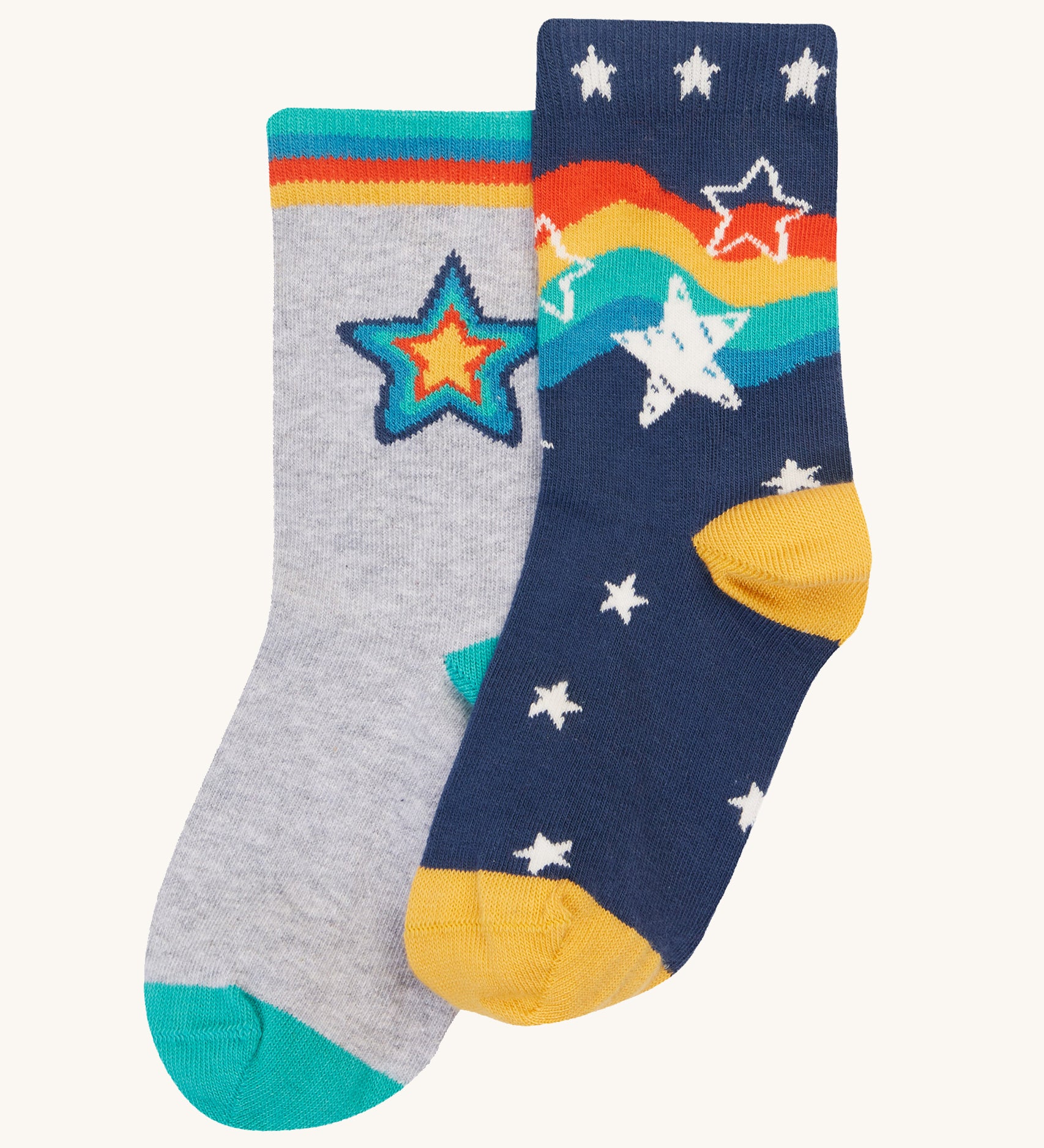 This 2-pack of Rock My Socks from Frugi are made with soft organic cotton and a touch of stretchy elastane to help them last longer. In Stars Multipack designs, these rib top socks have contrasting coloured cuffs, heels and toes.