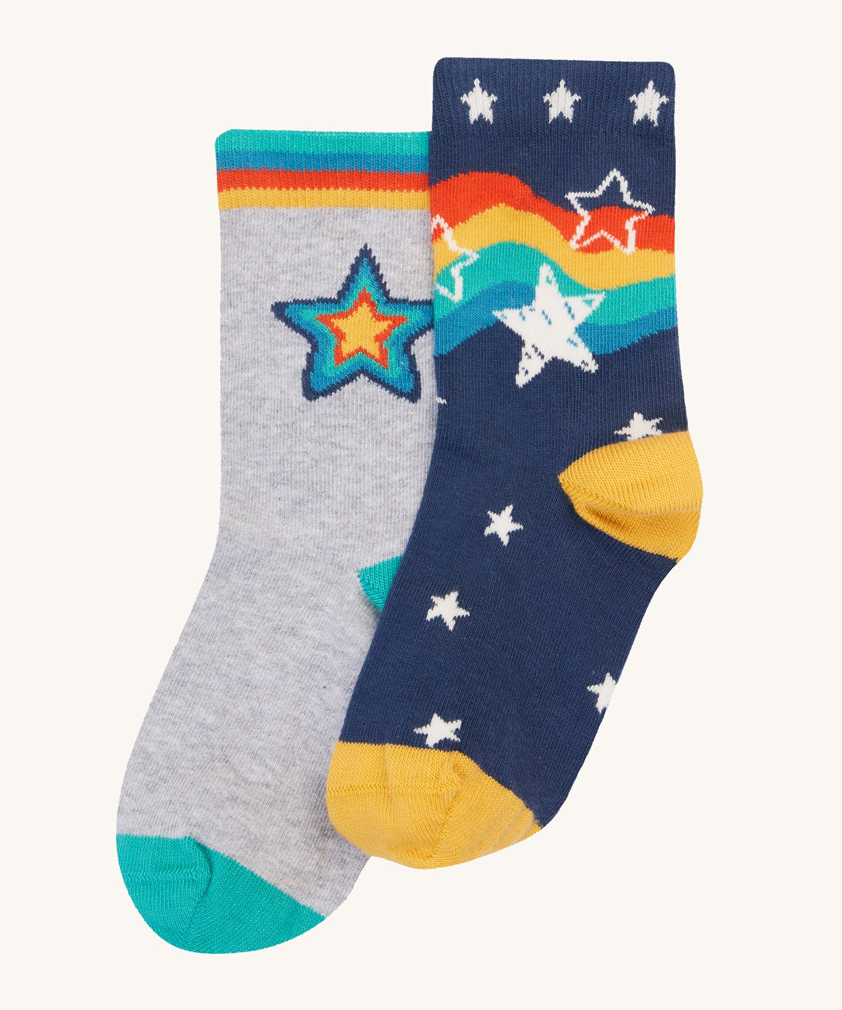 This 2-pack of Rock My Socks from Frugi are made with soft organic cotton and a touch of stretchy elastane to help them last longer. In Stars Multipack designs, these rib top socks have contrasting coloured cuffs, heels and toes.