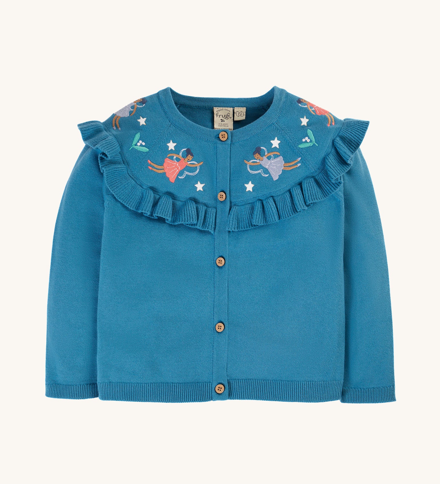 Frugi Romi Ruffle Cardigan - Deep Water/Fairies. A lovely blue knitted cardigan, with a ruffled collar, button and embroidered fairy's flying just above the collar ruffles