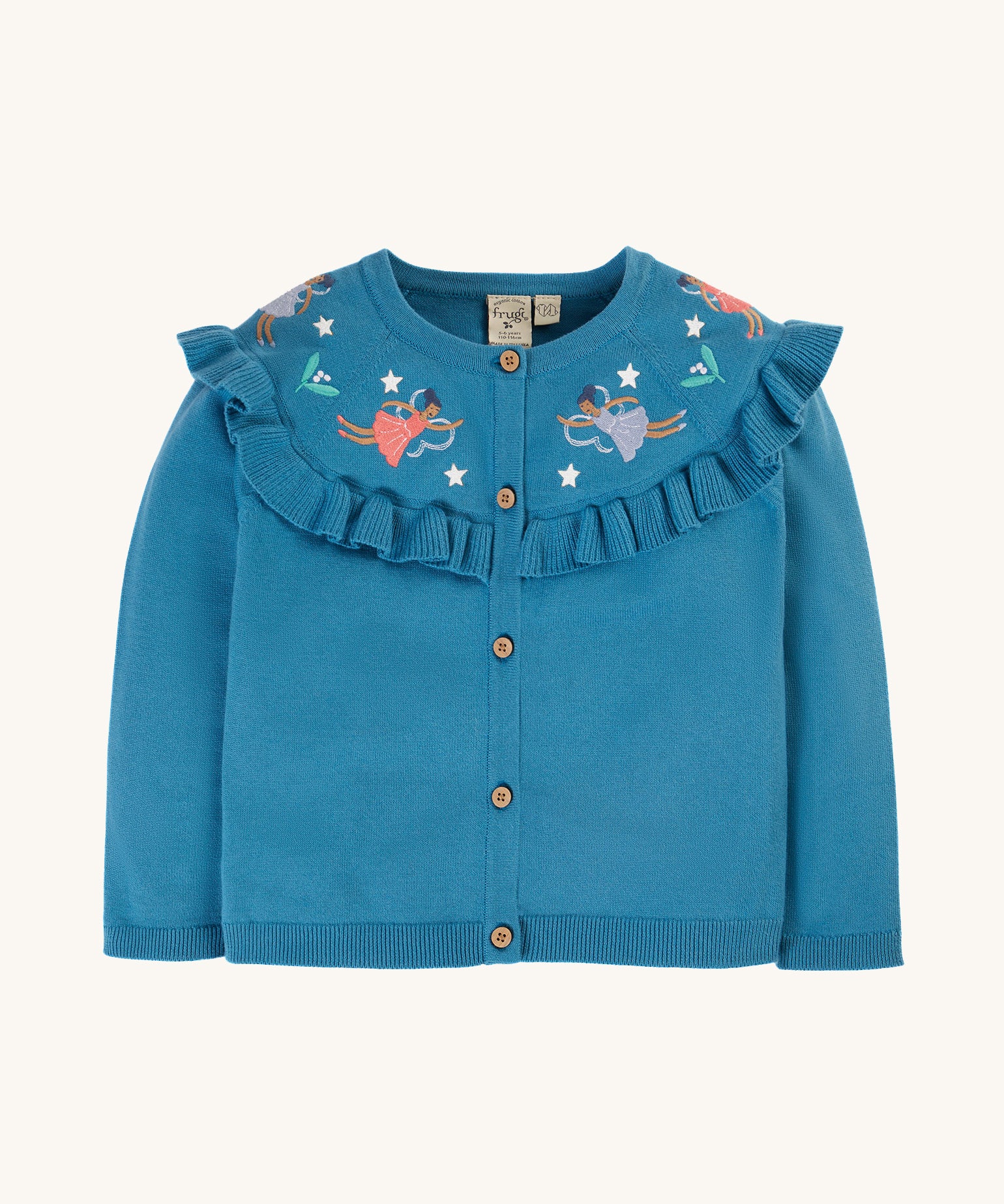 Frugi Romi Ruffle Cardigan - Deep Water/Fairies. A lovely blue knitted cardigan, with a ruffled collar, button and embroidered fairy's flying just above the collar ruffles