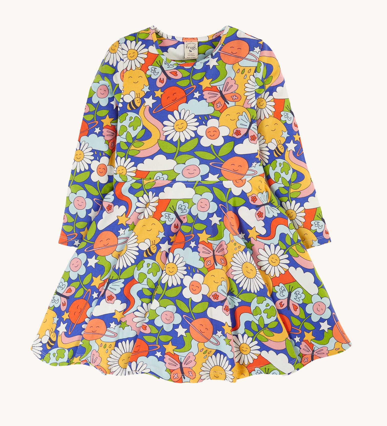 Frugi Sofia Skater Dress - Retro Happy. A colourful, twirly dress with long sleeves, in a fun retro print. The print has colourful planets, flowers, stars, clouds, rainbow swirls, bees and butterflies all over. 