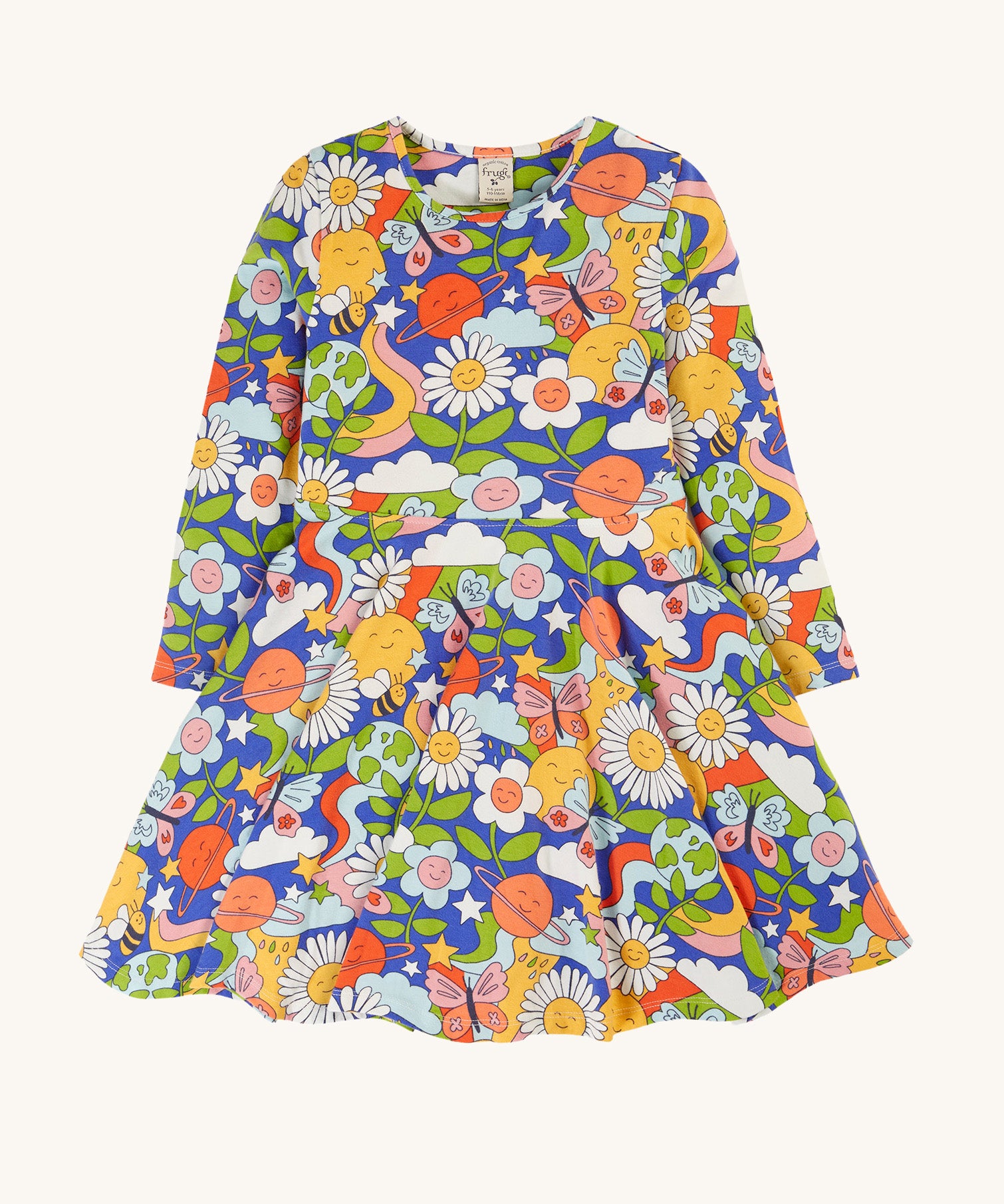 Frugi Sofia Skater Dress - Retro Happy. A colourful, twirly dress with long sleeves, in a fun retro print. The print has colourful planets, flowers, stars, clouds, rainbow swirls, bees and butterflies all over. 