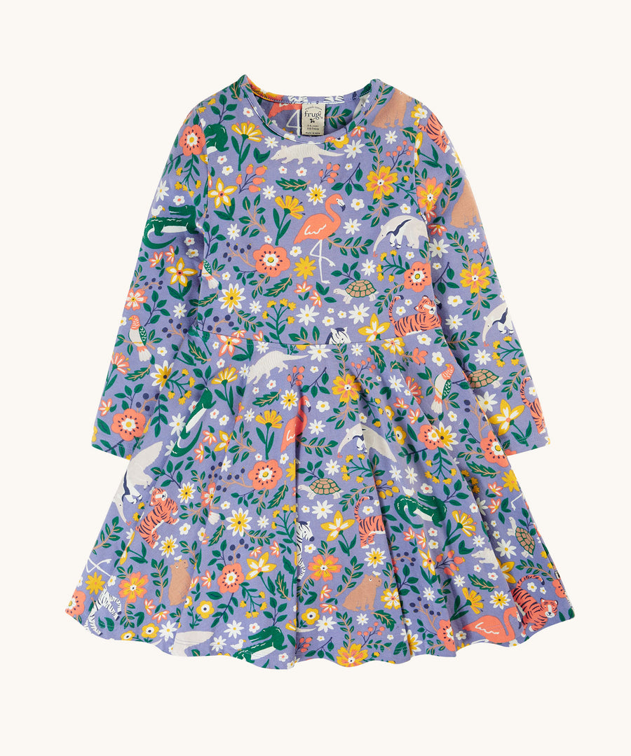 Frugi Sofia Skater Dress - Rainforest Friends. A soft, long sleeve, twirly skater dress in a soft lilac fabric, and colourful wildlife animal and plant print.