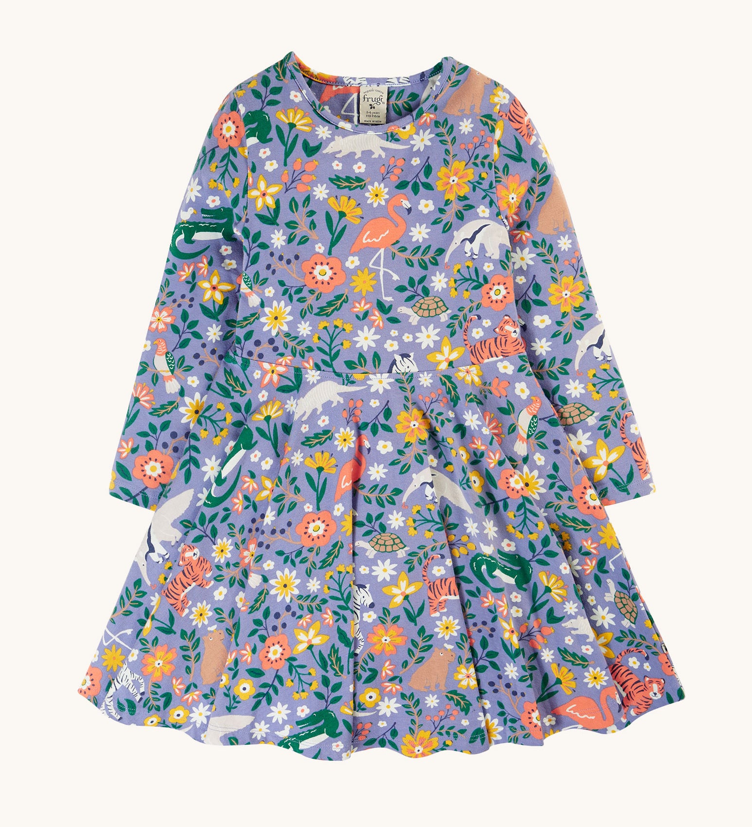 Frugi Sofia Skater Dress - Rainforest Friends. A soft, long sleeve, twirly skater dress in a soft lilac fabric, and colourful wildlife animal and plant print.