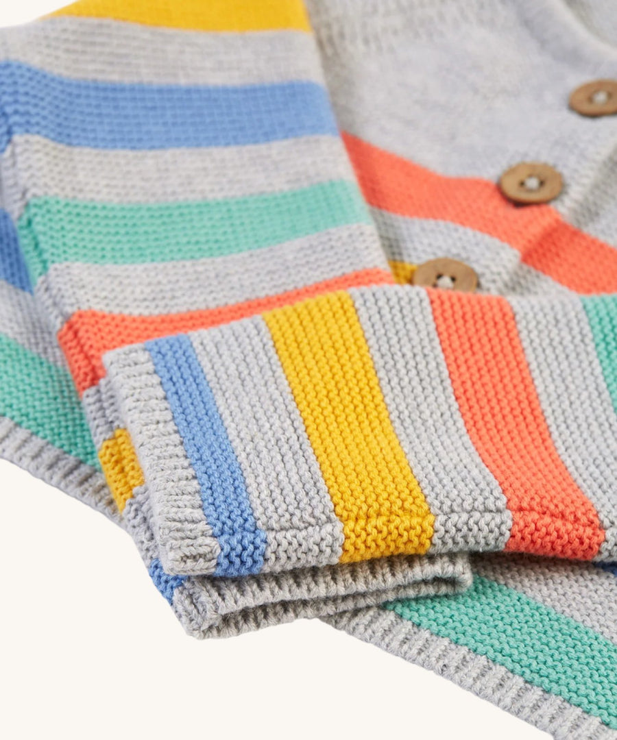 A closer look at the sleeves, and colourful stripes on the Frugi Bright As A Button Cardi - Grey Marl Stripe