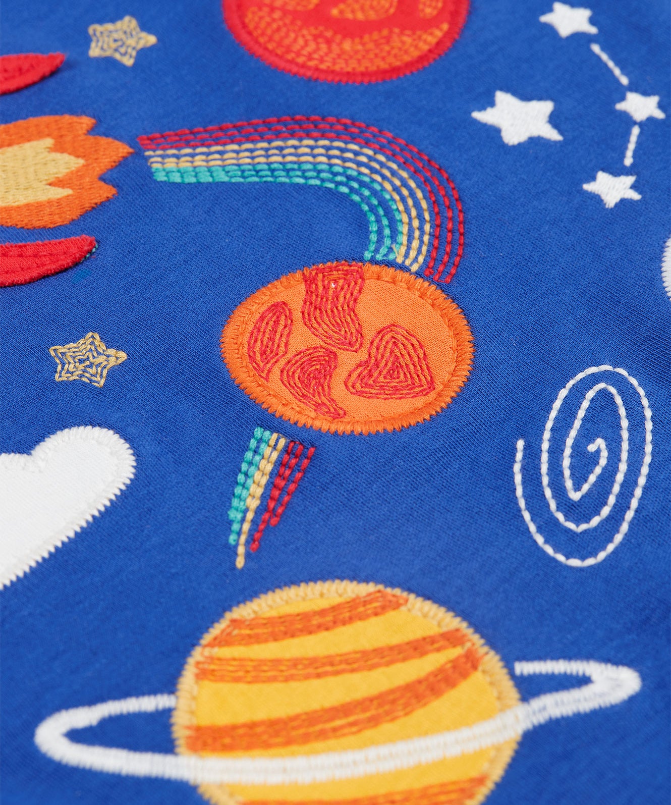 A closer look at the yellow, and orange applique planets, which also has space style embroidery details on a blue fabric