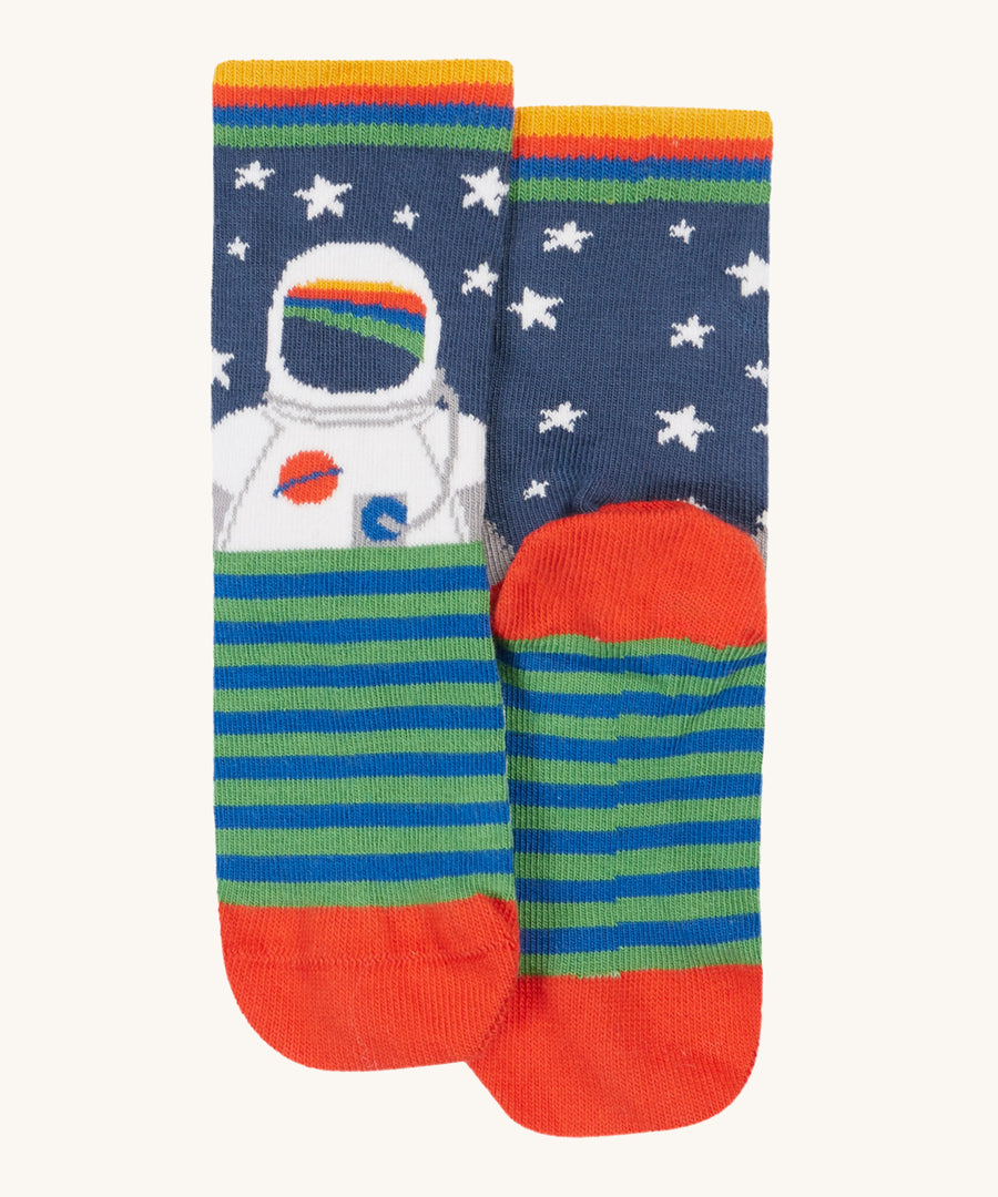 Frugi Rock My Socks 3 Pack - Space. A clolourful striped pair of socks with an image of an astronaut 