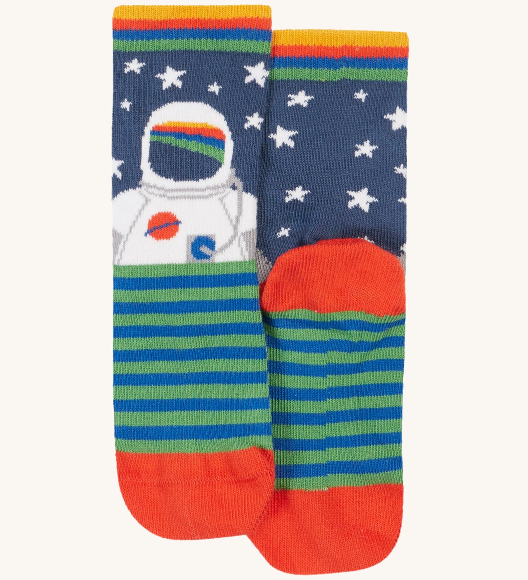 Frugi Rock My Socks 3 Pack - Space. A clolourful striped pair of socks with an image of an astronaut 