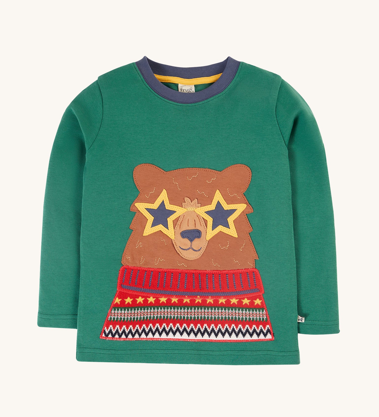 This long-sleeved Terrific Appliqué Top from Frugi is made from soft organic cotton in Teal  with a Fairisle Bear appliqué on the front. With a stretchy rib neckline.