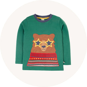 Frugi fairisle bear top on cream background to represent Frugi tops and t-shirt range at Babipur.