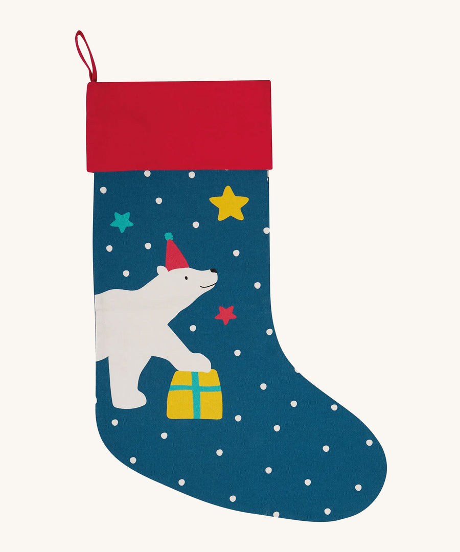 Frugi Yuletide Stocking - Loch Blue/Polar Bear. A navy blue Christmad Stocking with a white polar bear, whist dots, colourful stars and gift box