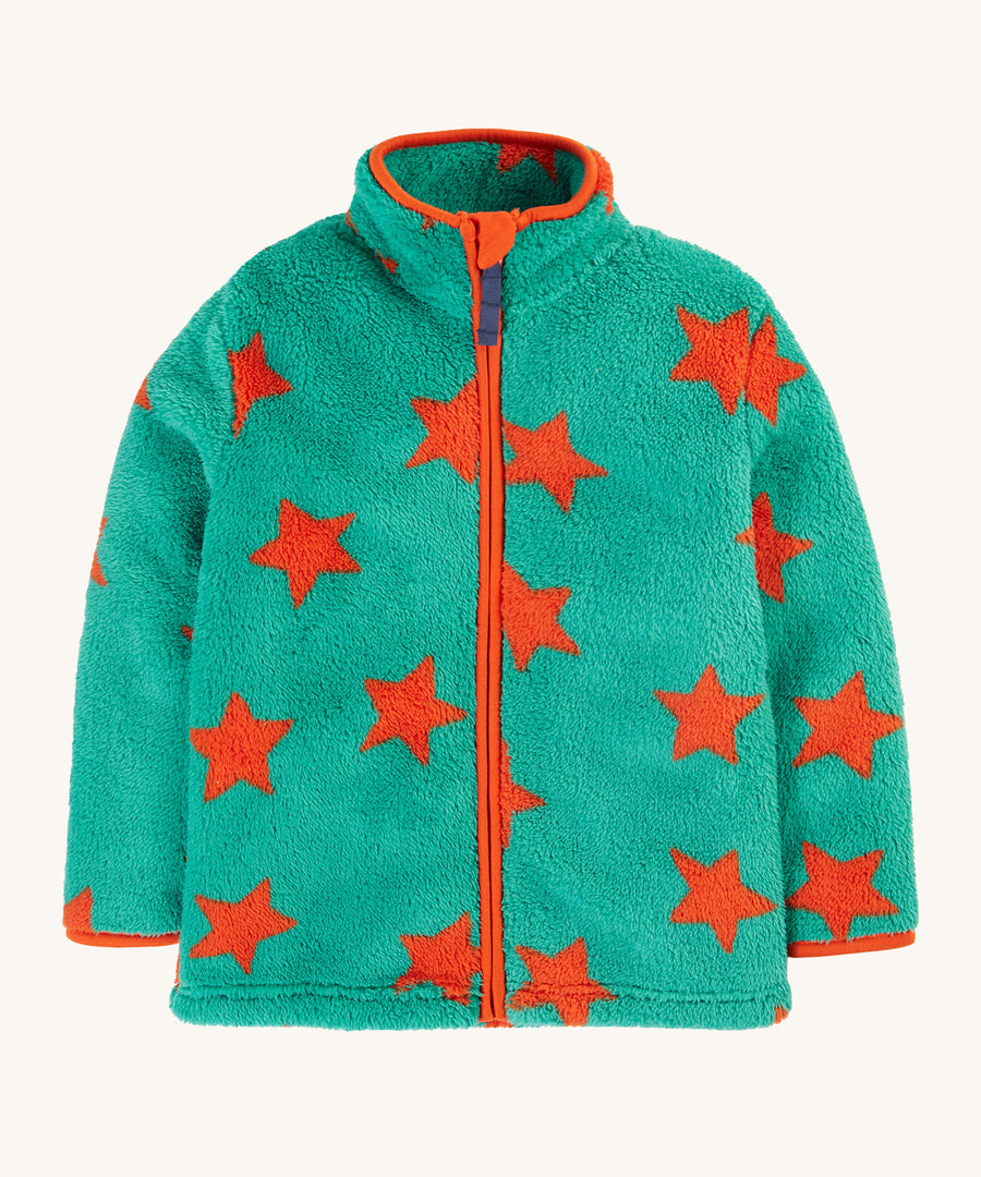 Frugi Zipped Ted Fleece Jacket - Bonfire Stars. A green coloured zip up fleece, with orange stars and orange piping