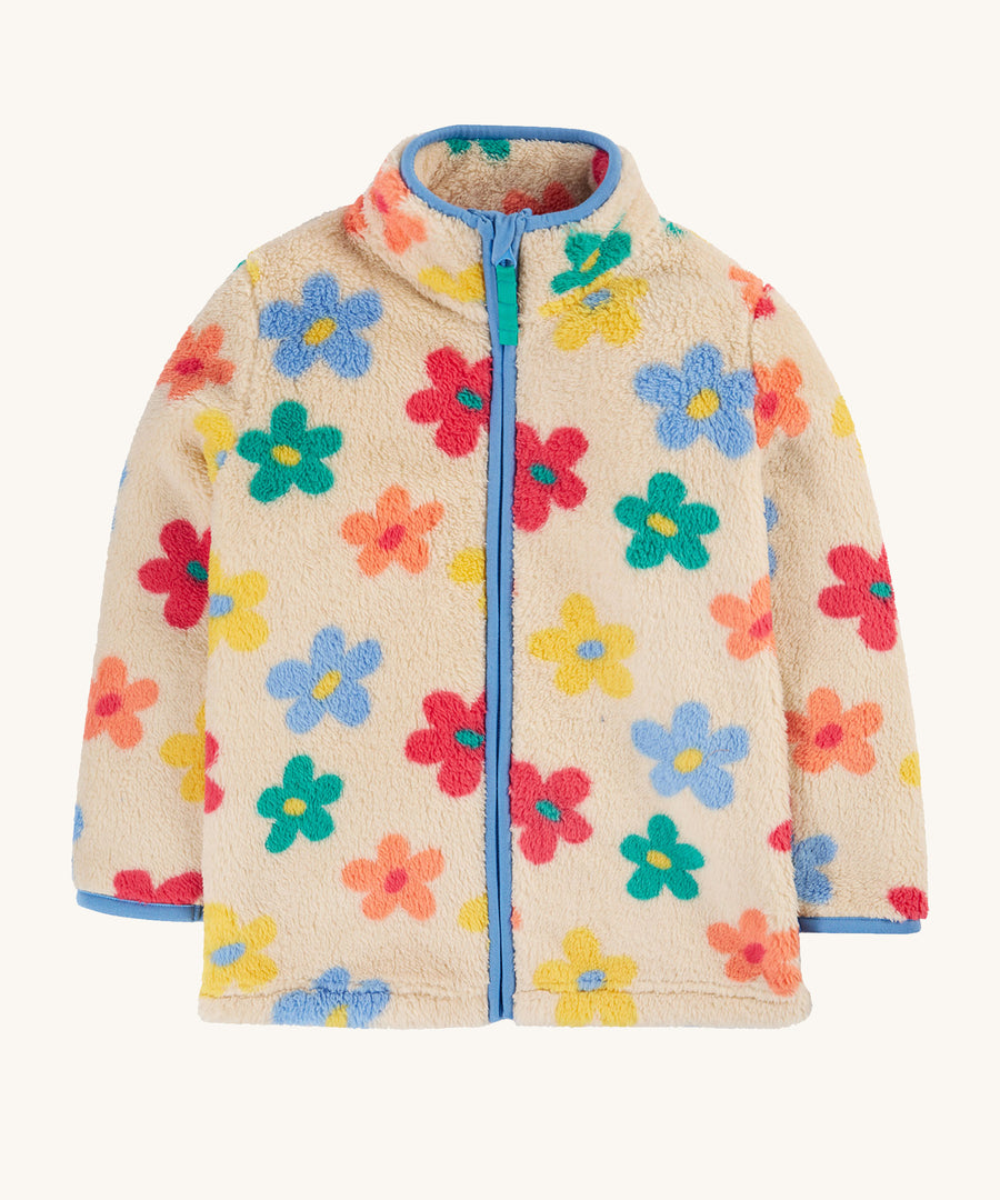 Frugi Zipped Ted Fleece Jacket - Flower Pop. A lovely cream fleece jacket, with light blue piping and colourful flower print