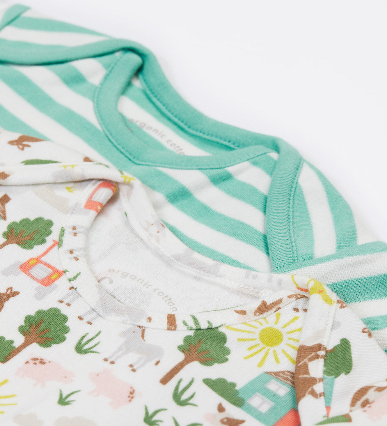 Frugi green and white striped body 2 pack farm design neck detail