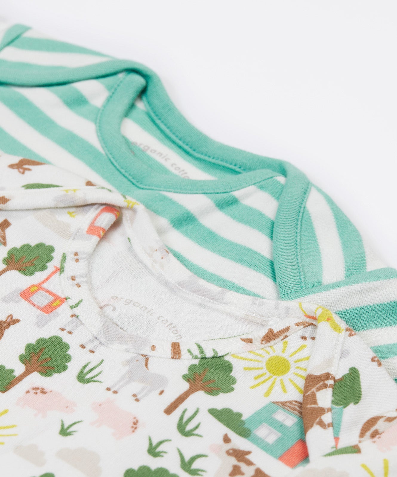 Frugi green and white striped body 2 pack farm design neck detail