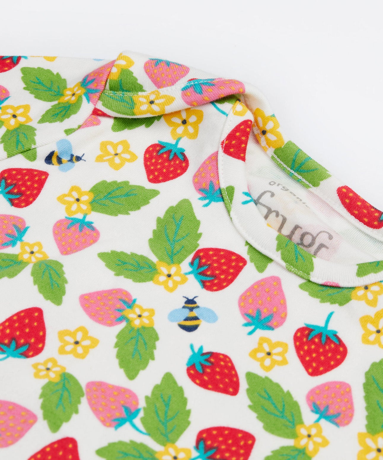 Frugi white dressing baby grow strawberry field neck detail