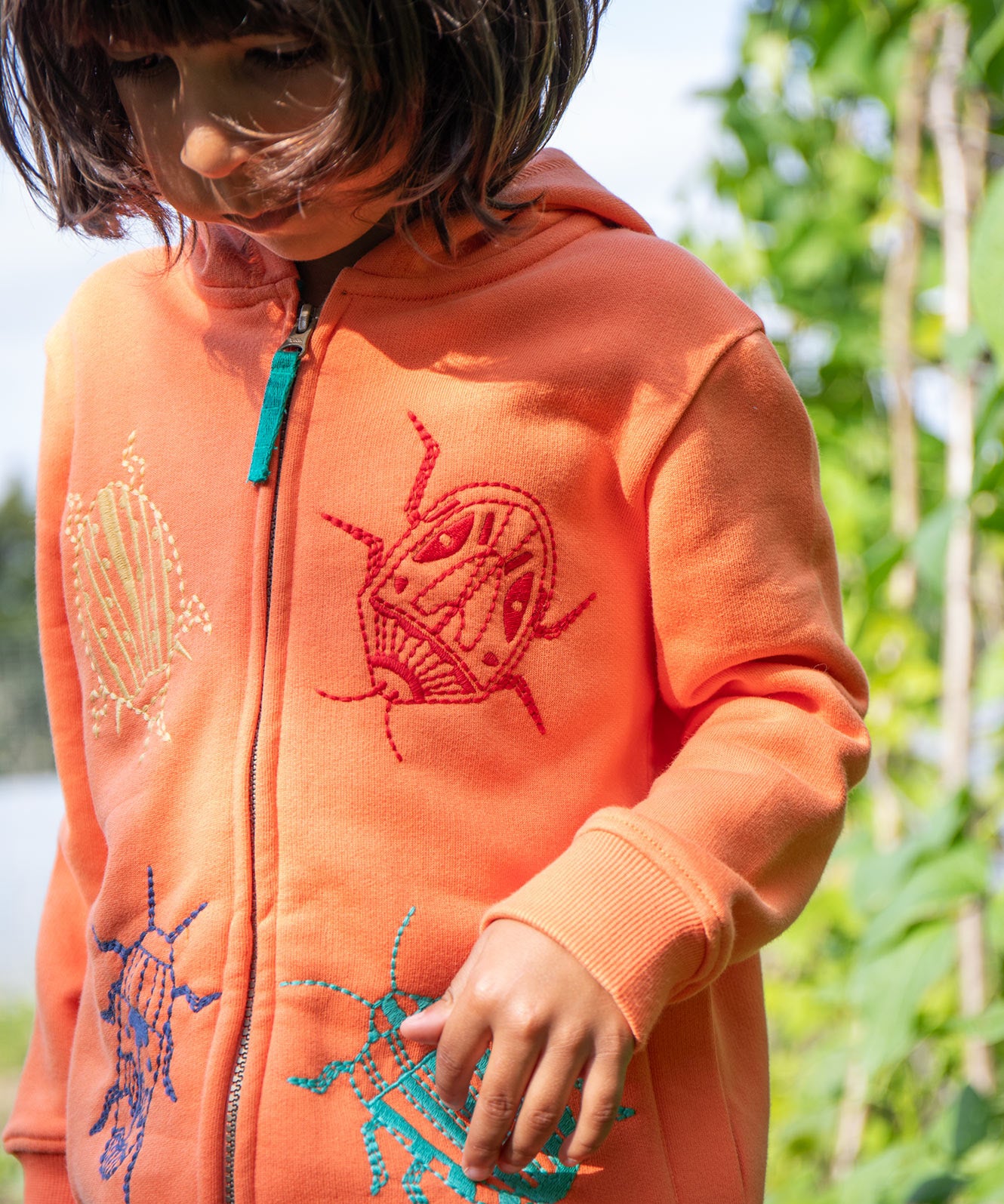 Frugi orange zip hoodie beetles design 