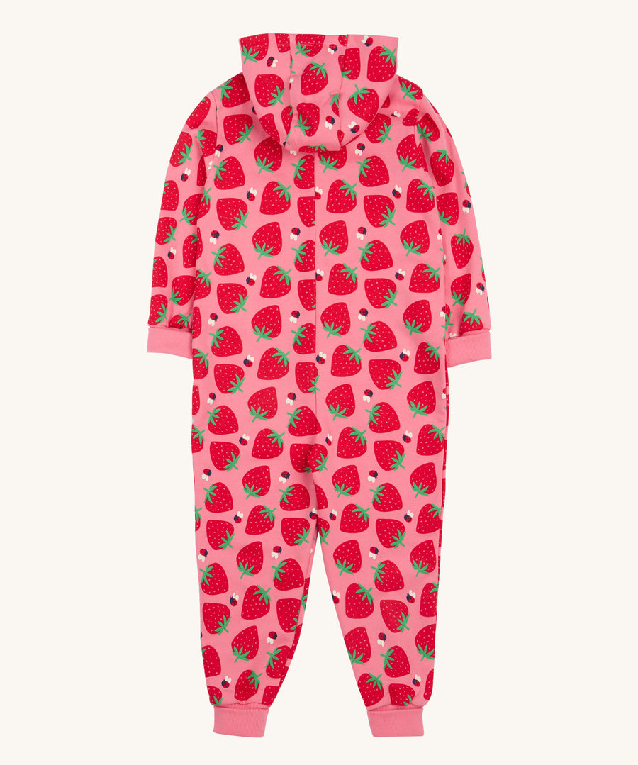 Frugi pink big snuggle suit strawberry pals back detail on a cream background.