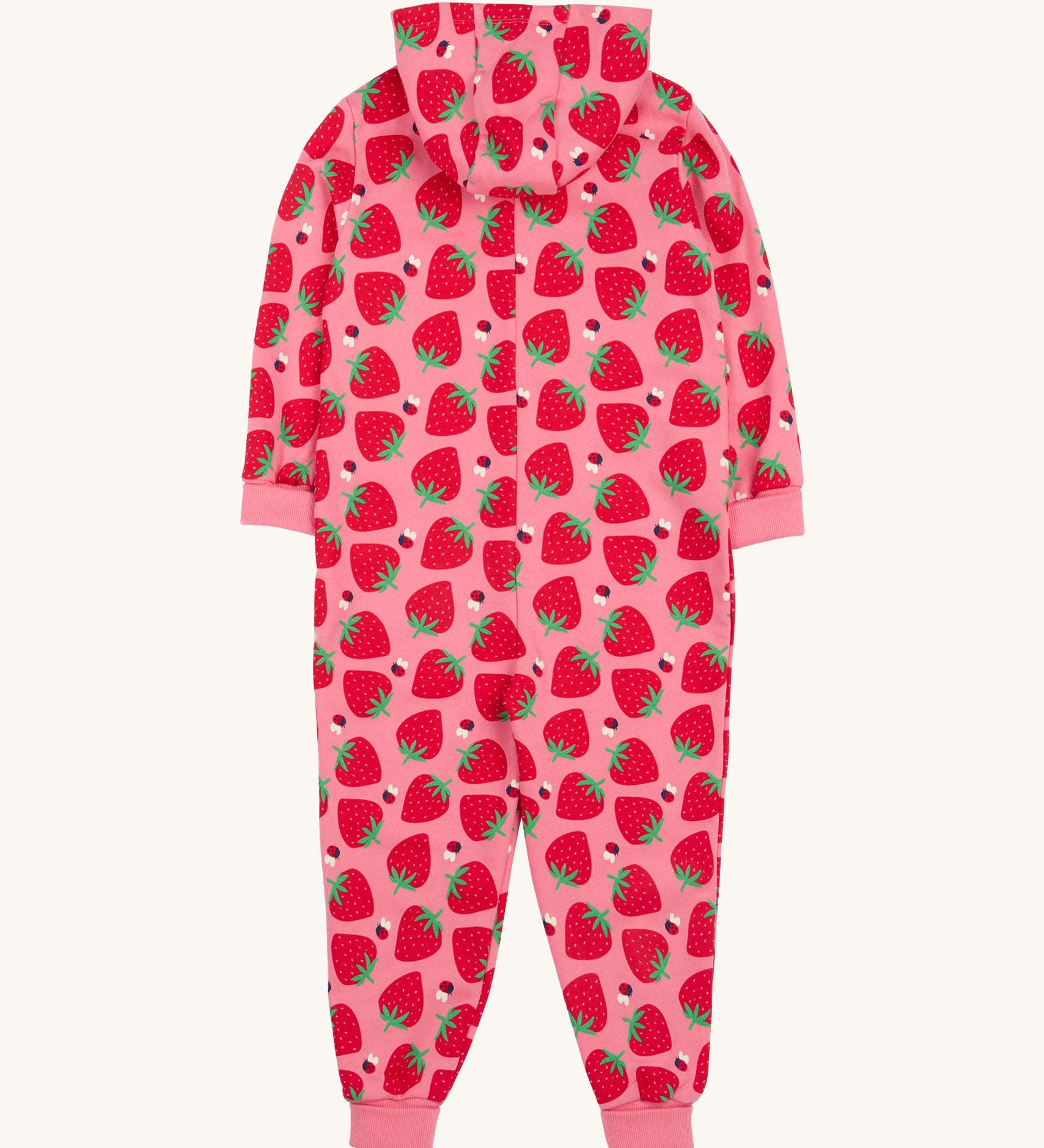 Frugi pink big snuggle suit strawberry pals back detail on a cream background.