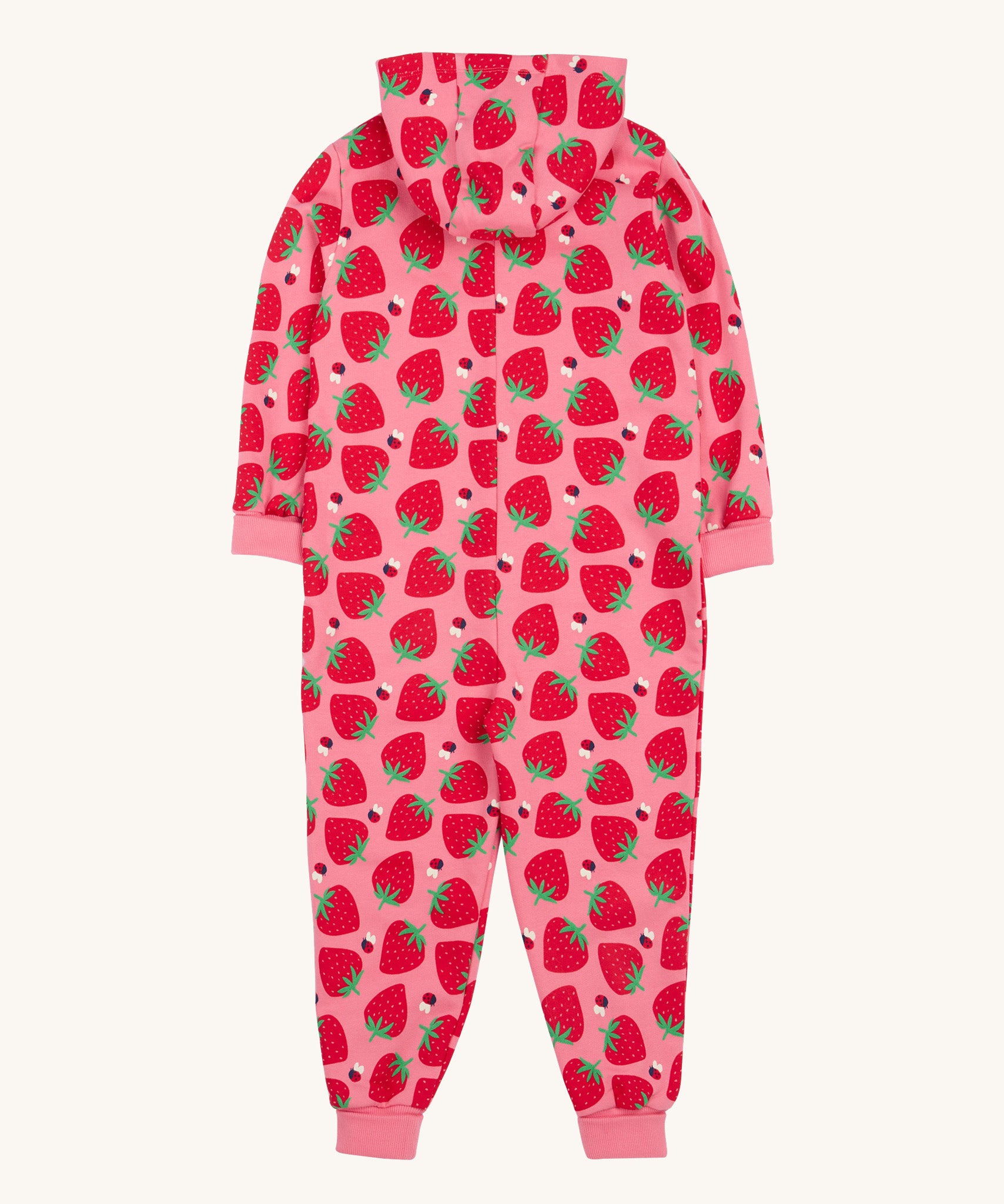 Frugi pink big snuggle suit strawberry pals back detail on a cream background.