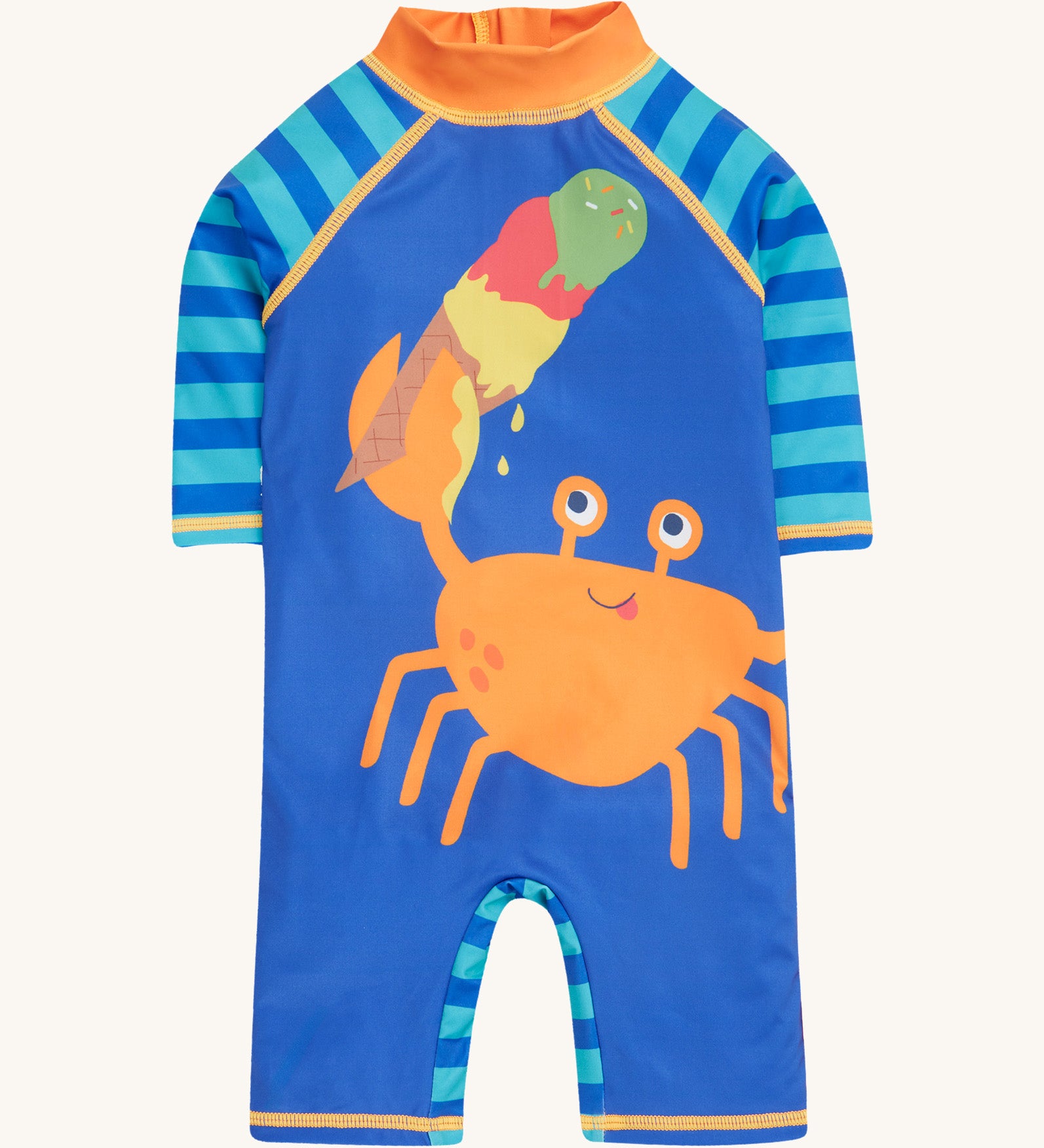 Frugi blue and orange little sun safe suit  crab design on a cream background.