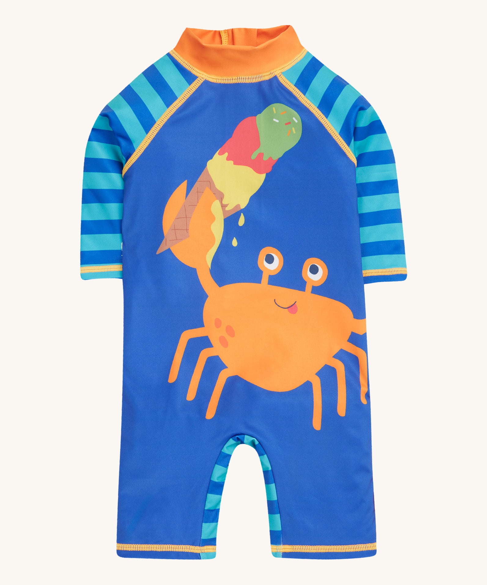 Frugi blue and orange little sun safe suit  crab design on a cream background.