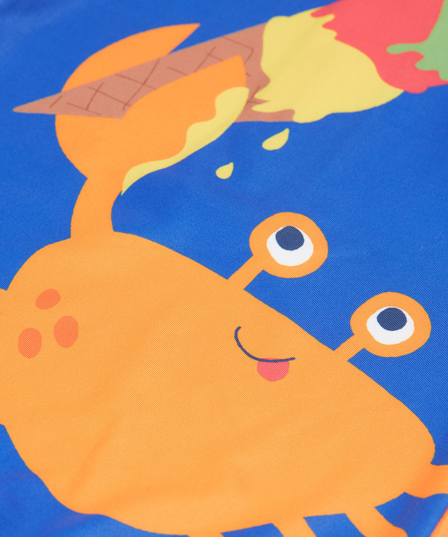 Frugi blue and orange little sun safe suit  crab print detail