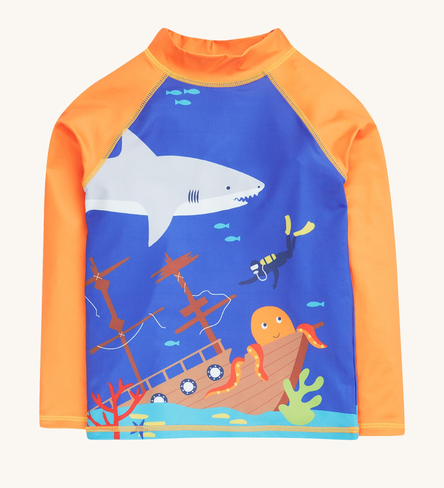 Frugi orange and blue rash vest deep sea diver design on a cream background.