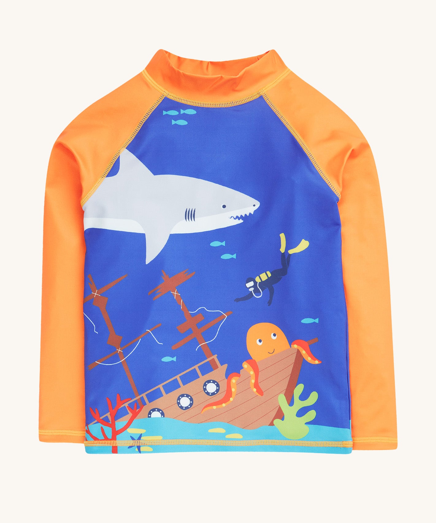 Frugi orange and blue rash vest deep sea diver design on a cream background.