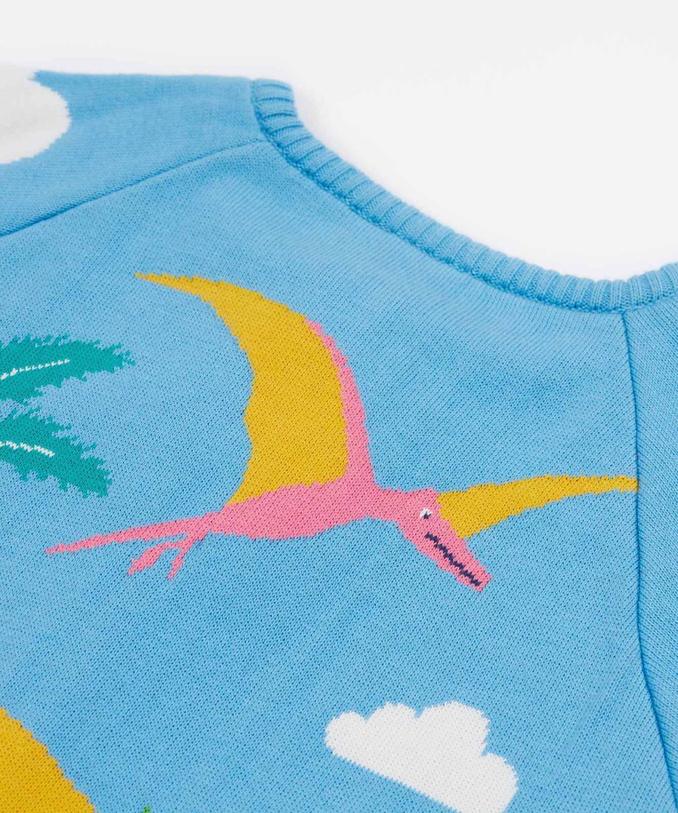 Frugi blue knitted cardigan dino back neck detail