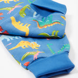 Frugi blue snuggle suit dino roar leg cuff detail