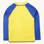 Frugi blue and yellow rash vest dino back detail