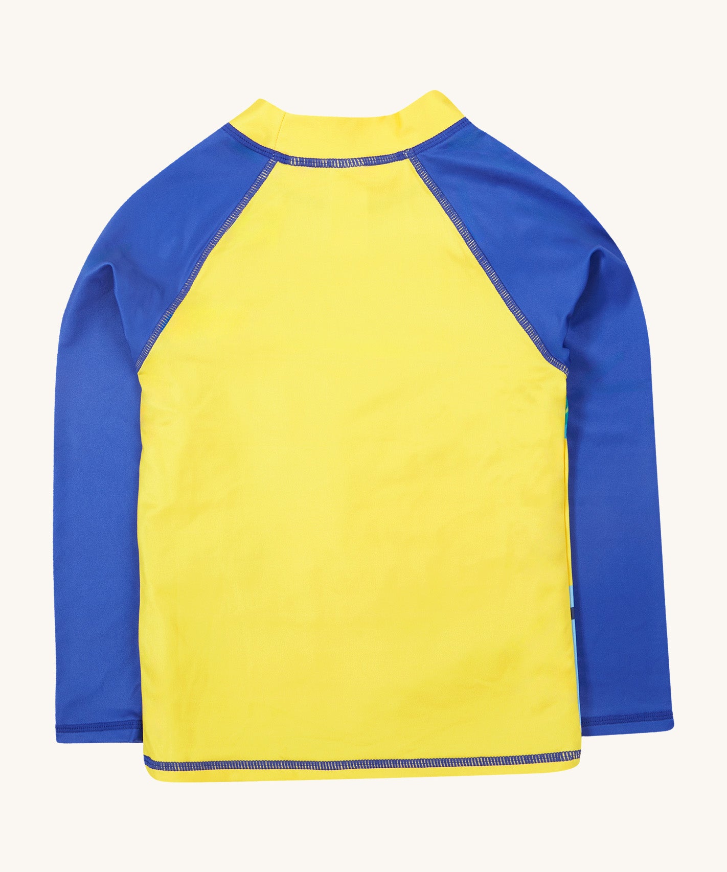 Frugi blue and yellow rash vest dino back detail