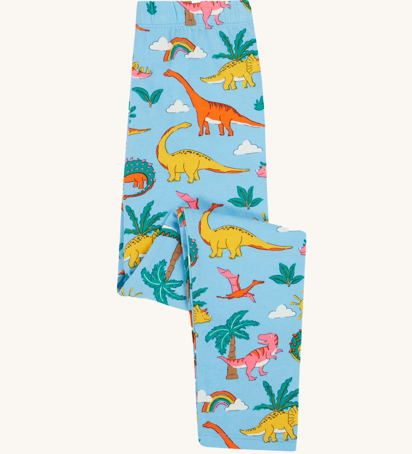 Frugi blue leggings dinoland design folded on a cream background