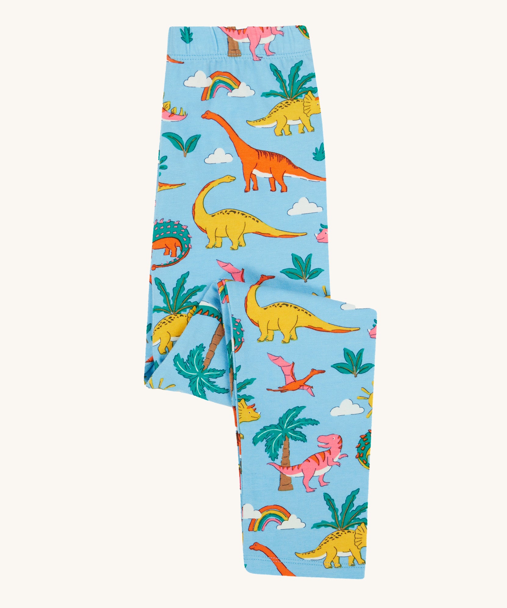 Frugi blue leggings dinoland design folded on a cream background