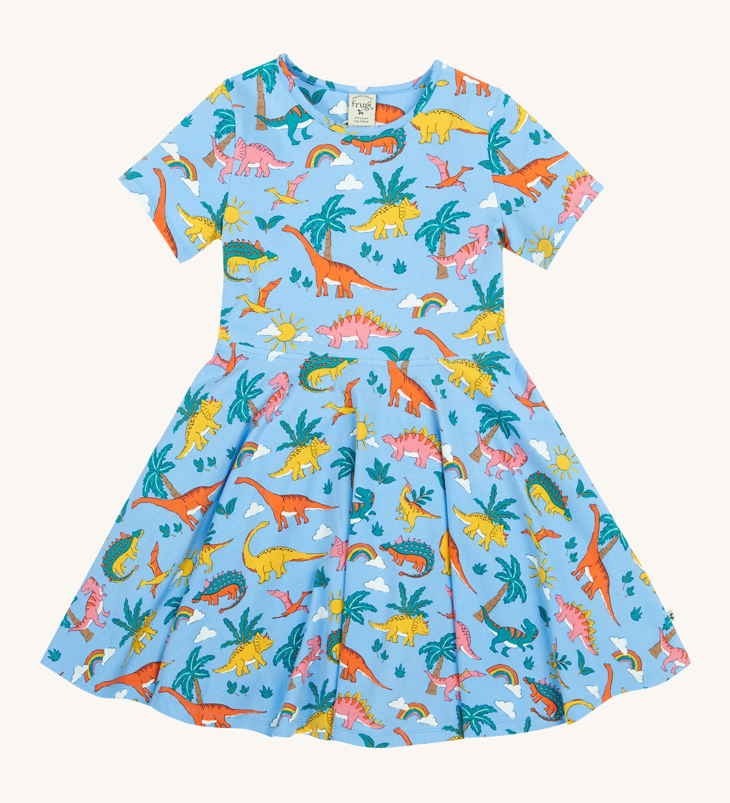 Frugi blue skater dress dinoland design on a cream background.