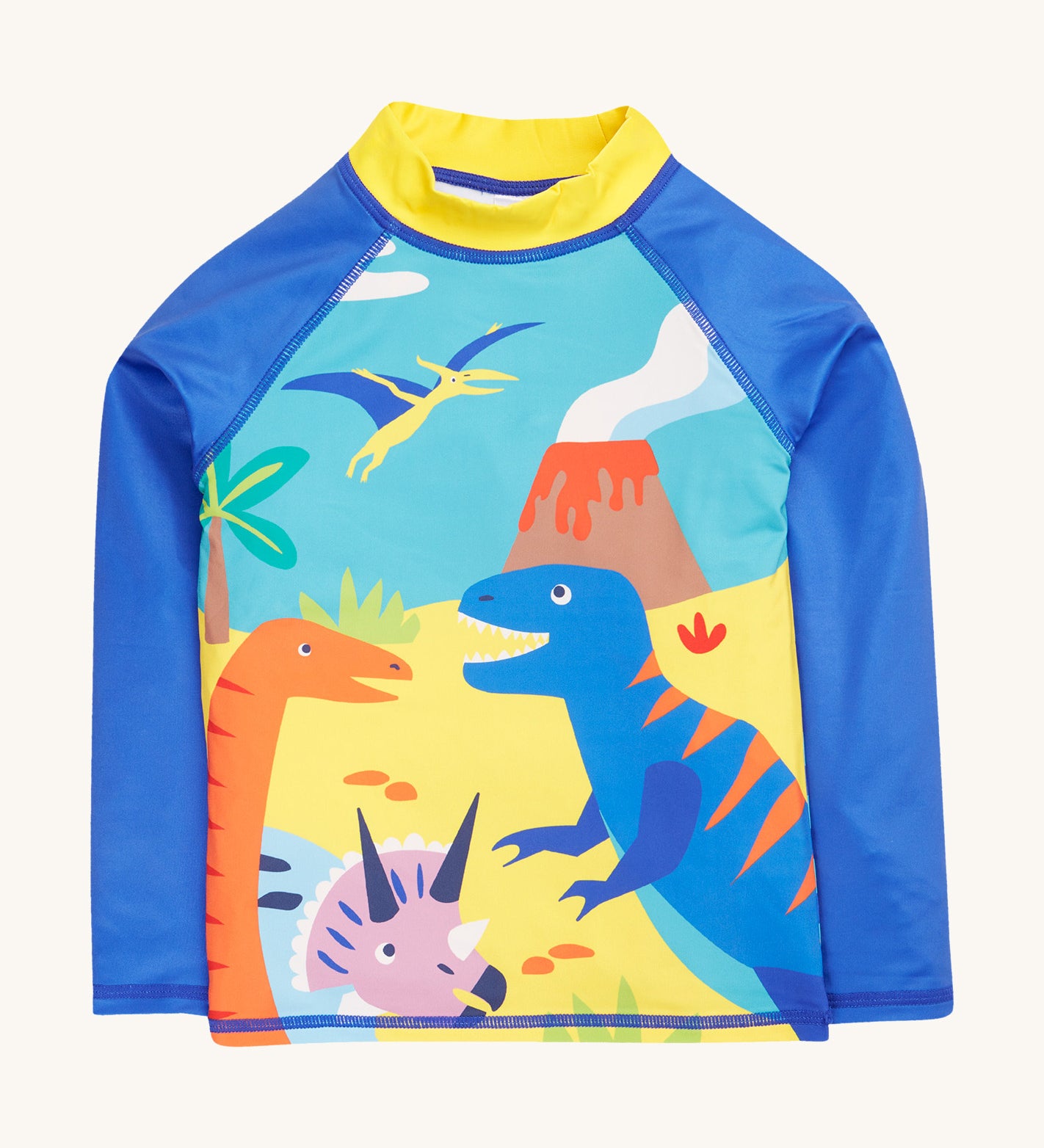 Frugi blue and yellow rash vest dino design on a cream background.