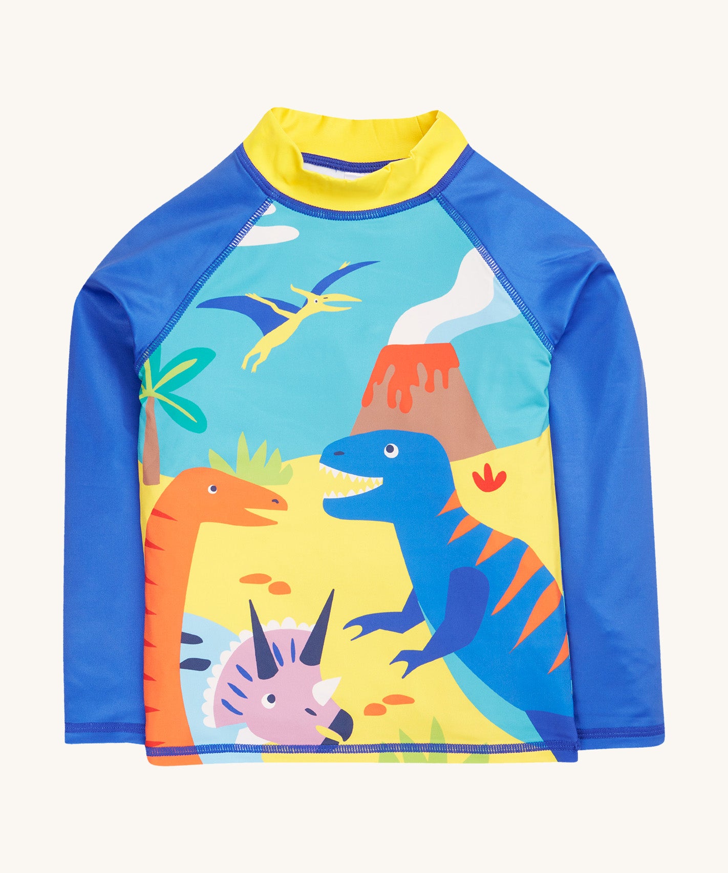 Frugi blue and yellow rash vest dino design on a cream background.