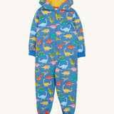 Frugi blue snuggle suit dino roar design on a cream background