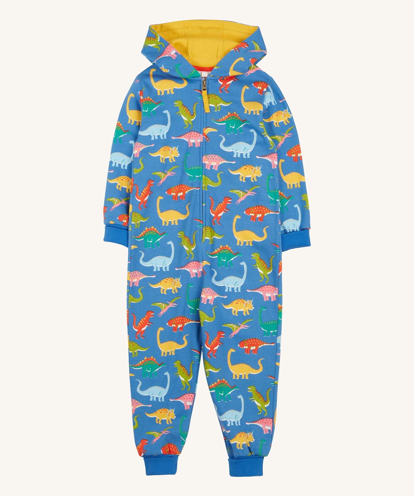 Frugi blue snuggle suit dino roar design on a cream background