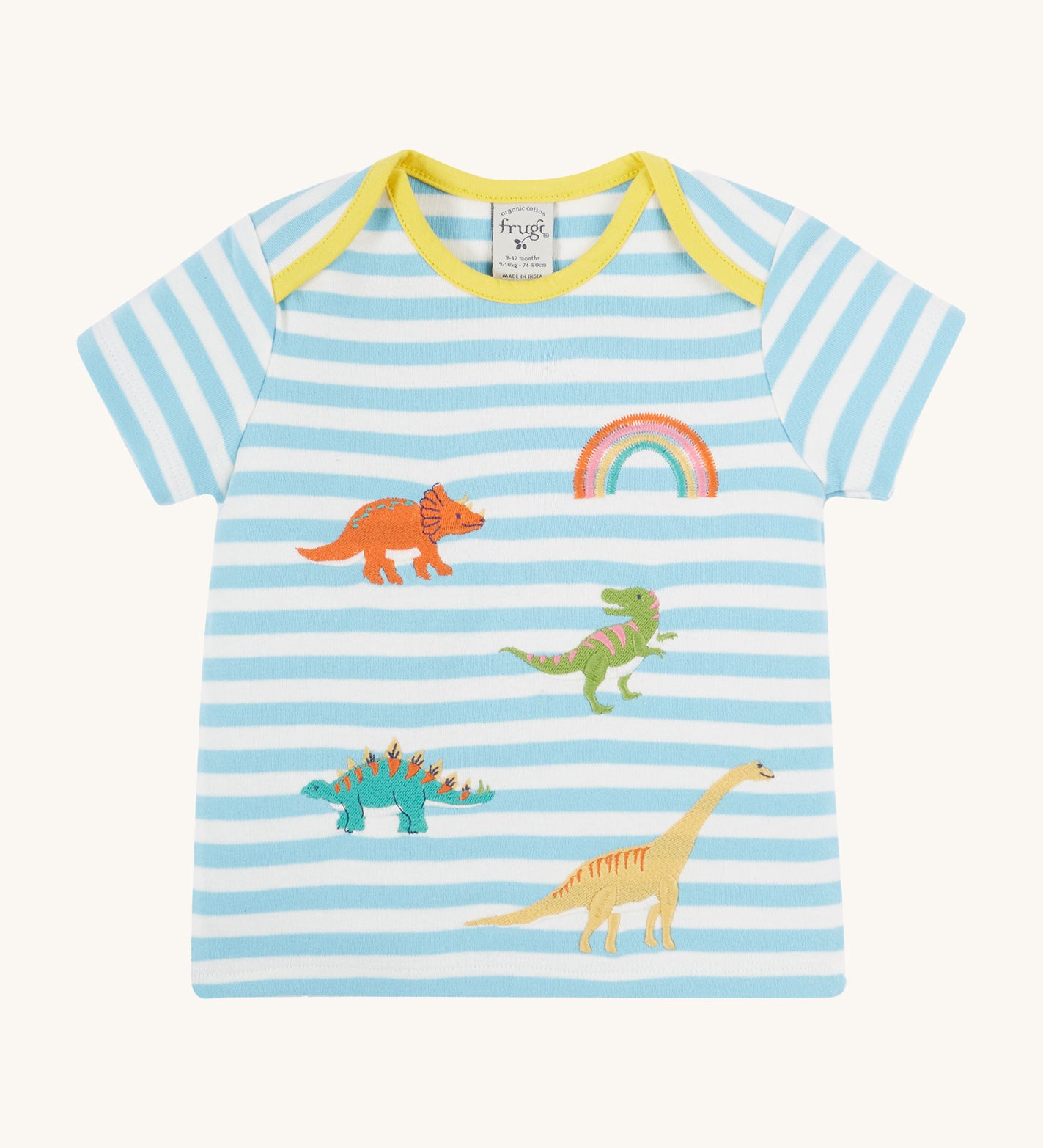 Frugi blue striped short sleeve t shirt dino design on a cream background