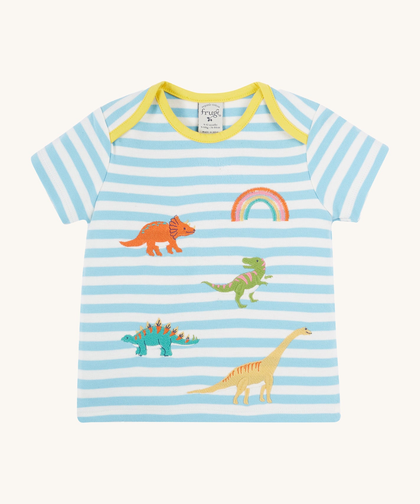 Frugi blue striped short sleeve t shirt dino design on a cream background