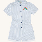 Frugi blue striped jumpsuit grow your own way design on a cream background.