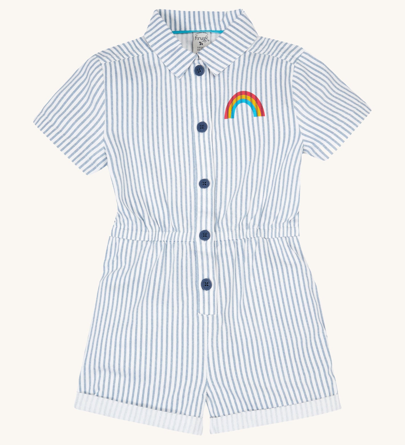 Frugi blue striped jumpsuit grow your own way design on a cream background.